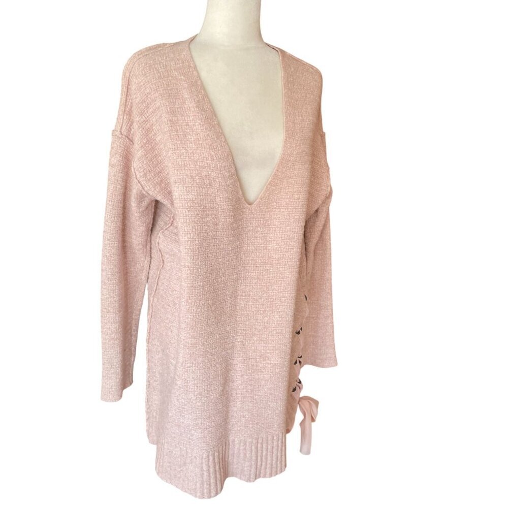 Free People Heart It Lace Up Oversized Sweater Tunic Dress in Ballet Pink SZ M - Picture 6 of 12